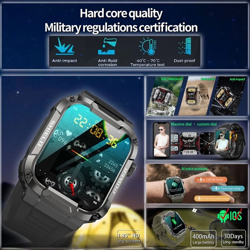Besteshop Force 4 - Robuste Militär-Smartwatch für Herren für Xiaomi Android/ IOS ,Fitness-Uhren, IP68, wasserdicht, 1,85 Zoll Bluetooth-Anruf