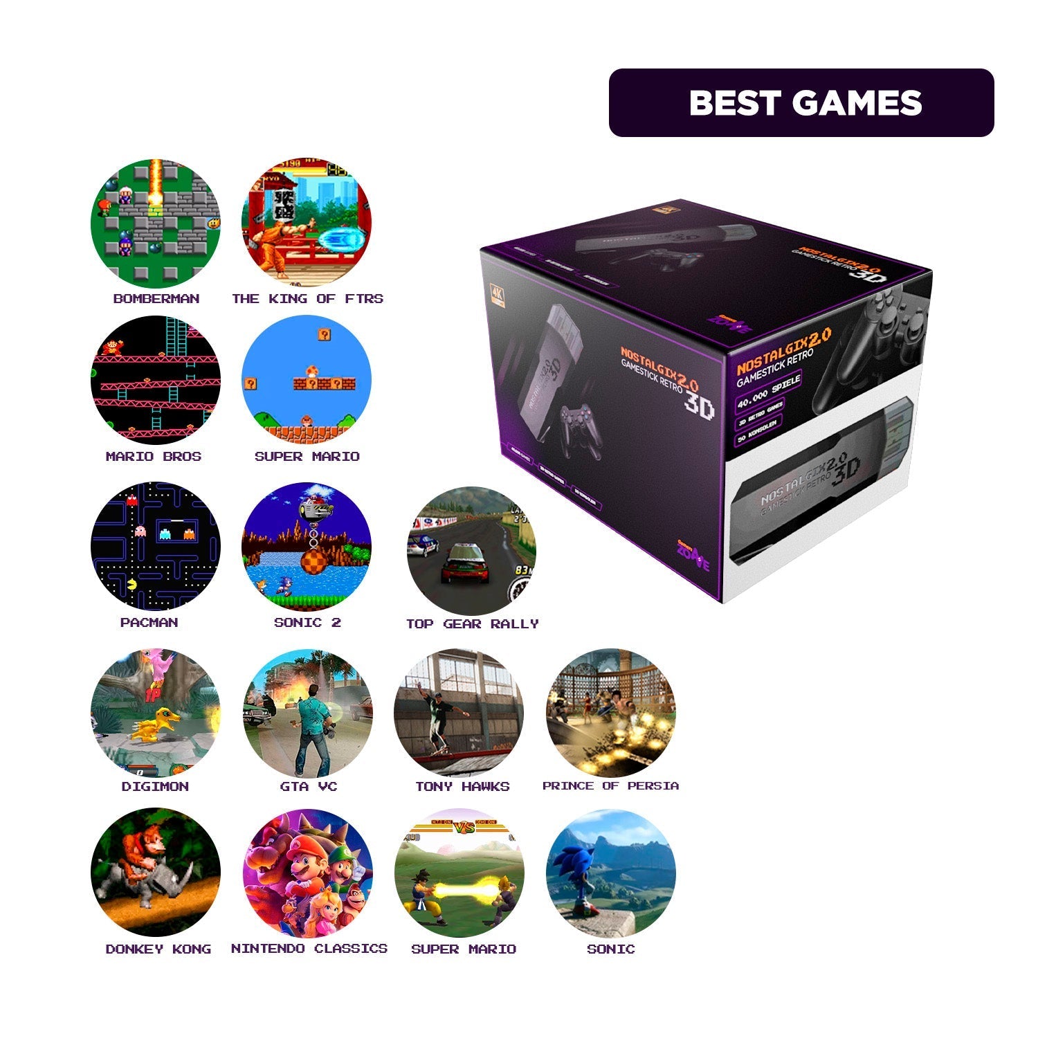 Nostalgix Game Retro 2.0 4K mit 2 Wireless Controllern 40.000 Spiele